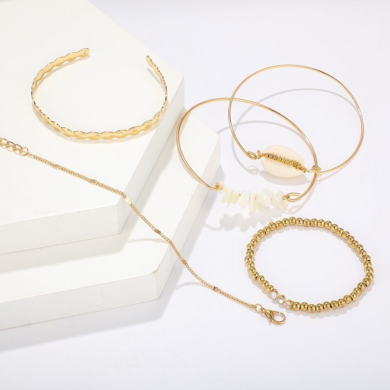 5pcs/sets Gold Beaded Bracelets White Natural Stone - jewel nook