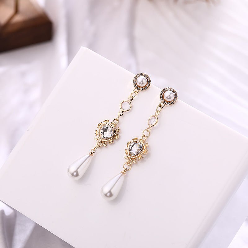 Pearl Earrings Love Rhinestones Long - jewel nook