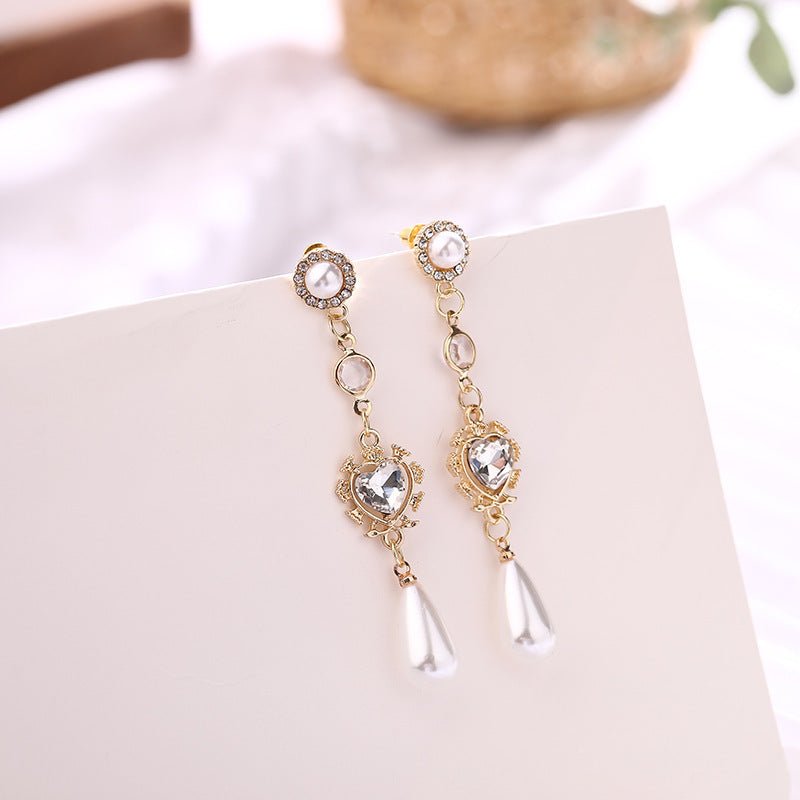 Pearl Earrings Love Rhinestones Long - jewel nook