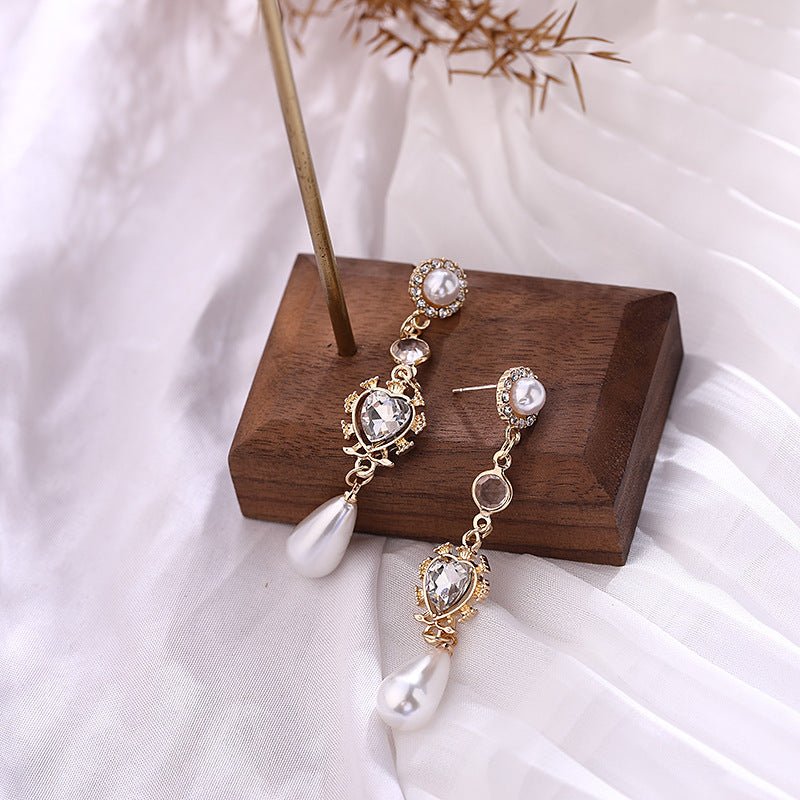 Pearl Earrings Love Rhinestones Long - jewel nook