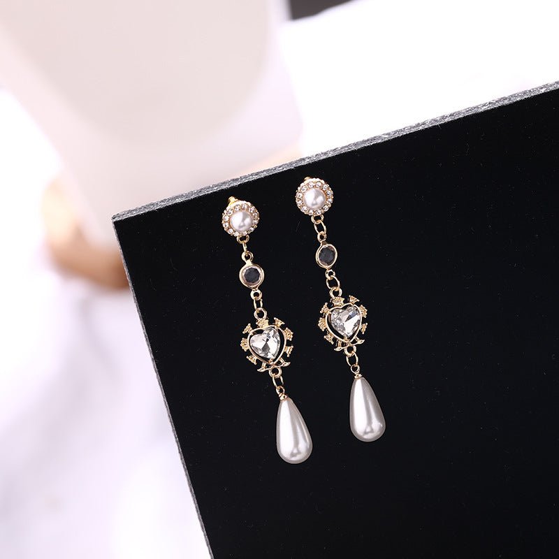 Pearl Earrings Love Rhinestones Long - jewel nook