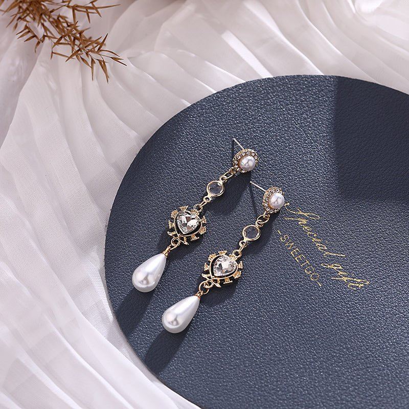 Pearl Earrings Love Rhinestones Long - jewel nook