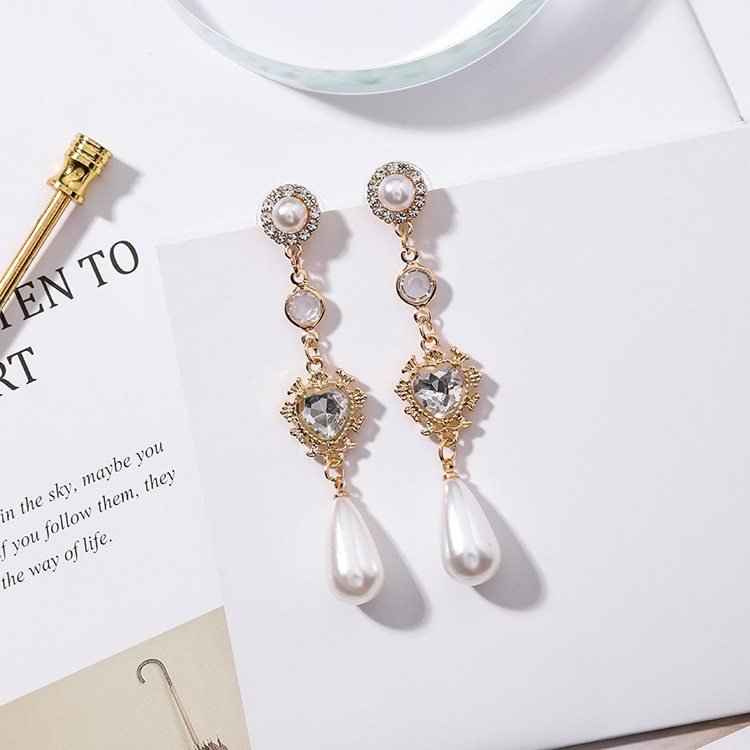 Pearl Earrings Love Rhinestones Long - jewel nook